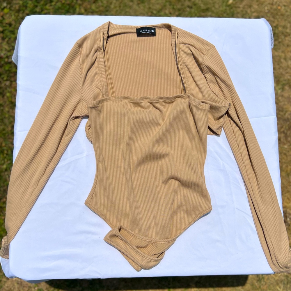 Tan body suit with over shirt